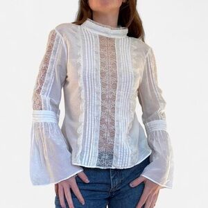 WHBM White lace flare sleeve victorian cotton blouse
